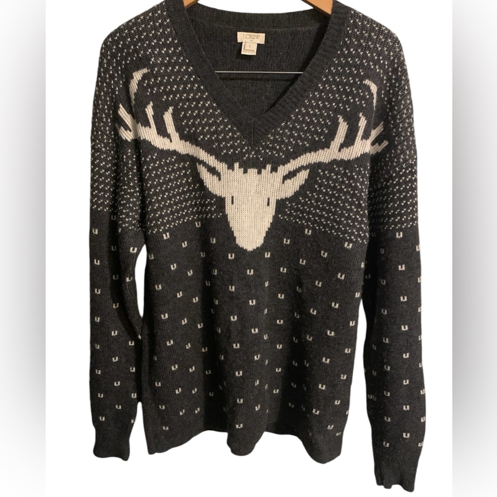 J. Crew Gray and Cream Deer Intarsia V-Neck Sweater